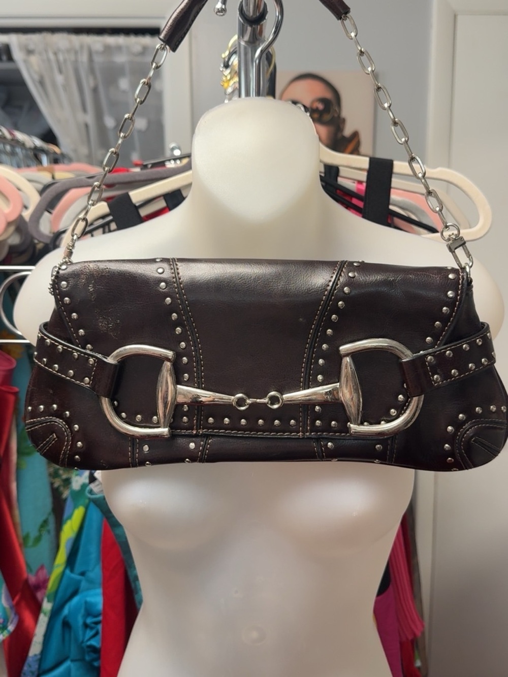Rina Rich Y2K Studded Horsebit Dark Brown Leather Shoulder Bag